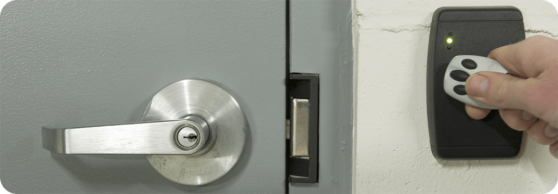 a commercial door with an electronic lock